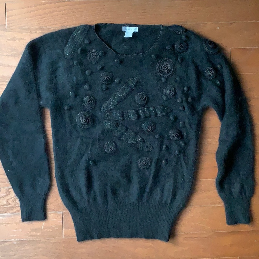 Vintage Angora Embroidered Textured Rosette Sweater Black 80s 90s Size Small
